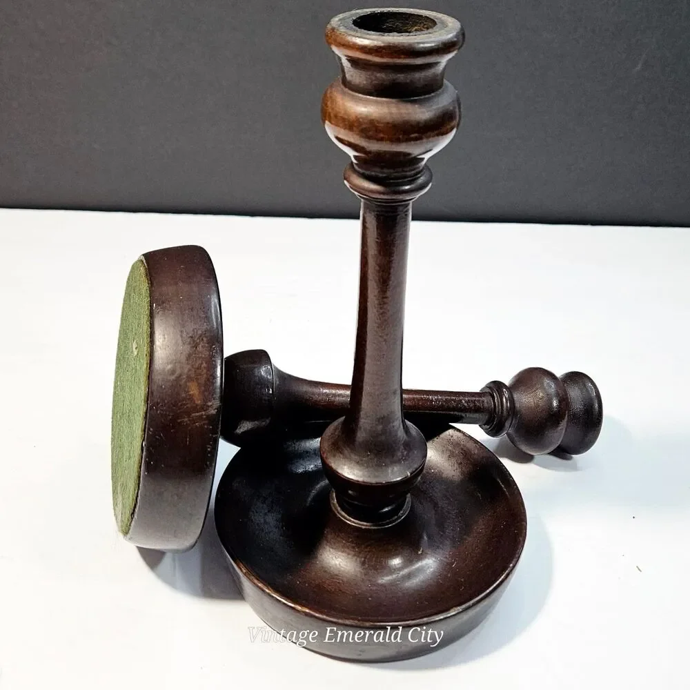 Vtg Candle Holders Turned Wood Set of 2 Brass Inserts Felted Base 9 inch READ